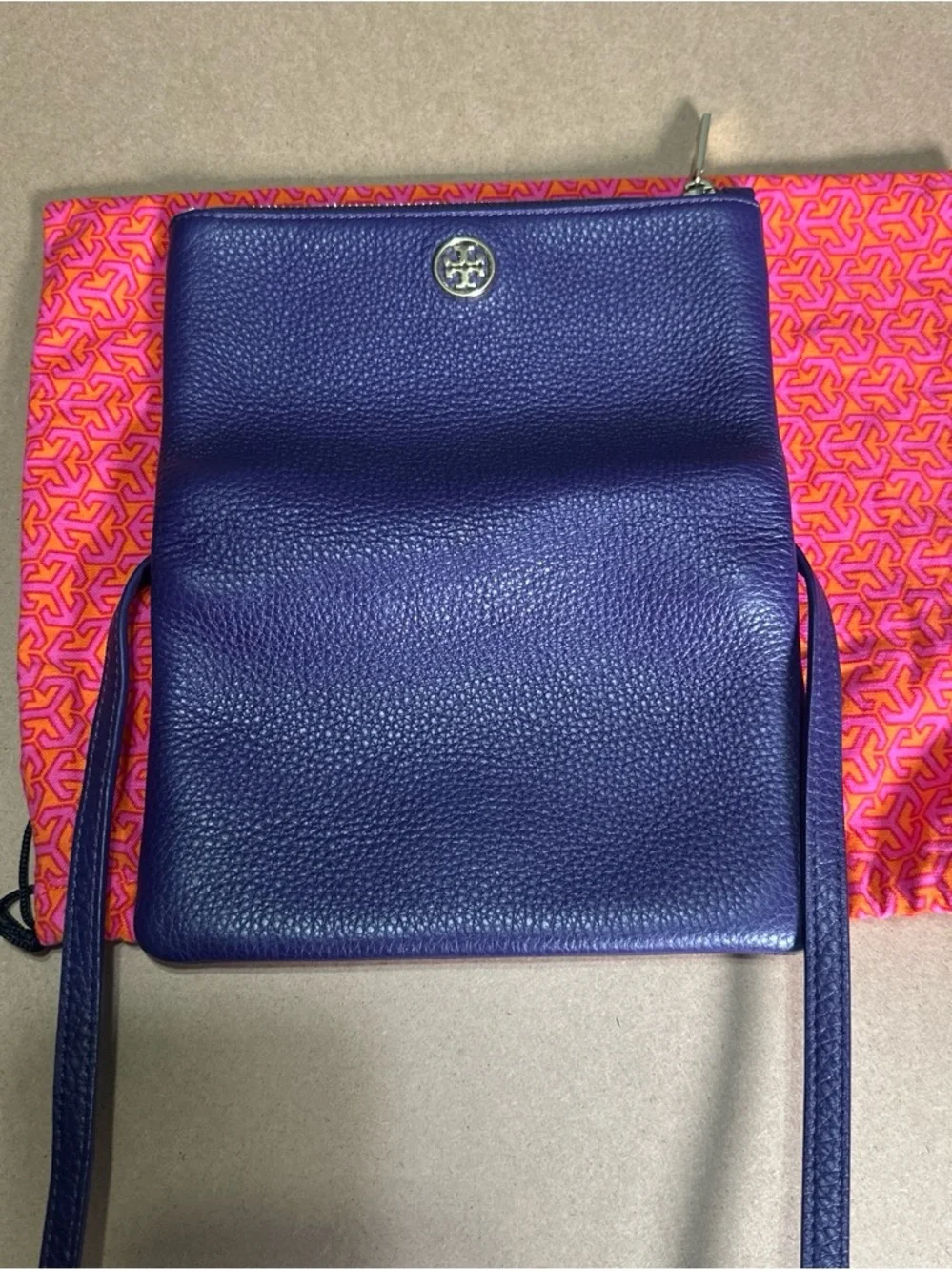 Tory Burch Robinson Foldover Crossbody Bag Purple Pebbled Leather Tassel